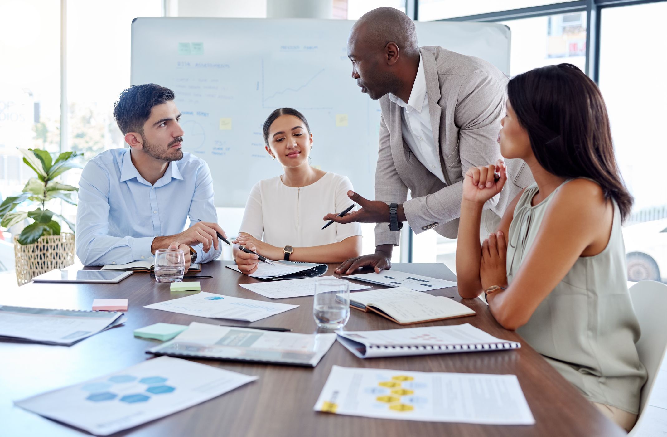 Team discussing strategy in a conference room.