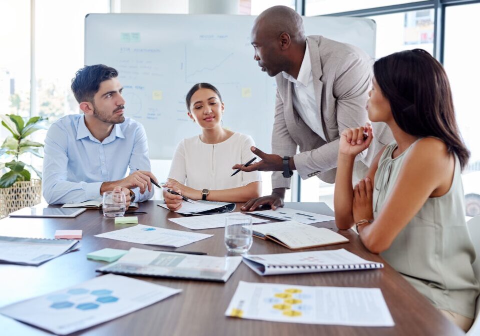 Team discussing strategy in a conference room.